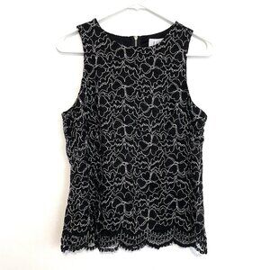 NEW NWT ELLE Black Floral Lace Silver Metallic Sleeveless Scalloped Tank Blouse